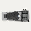 Open suitcase showing suiter feature with a suit in it on a white background