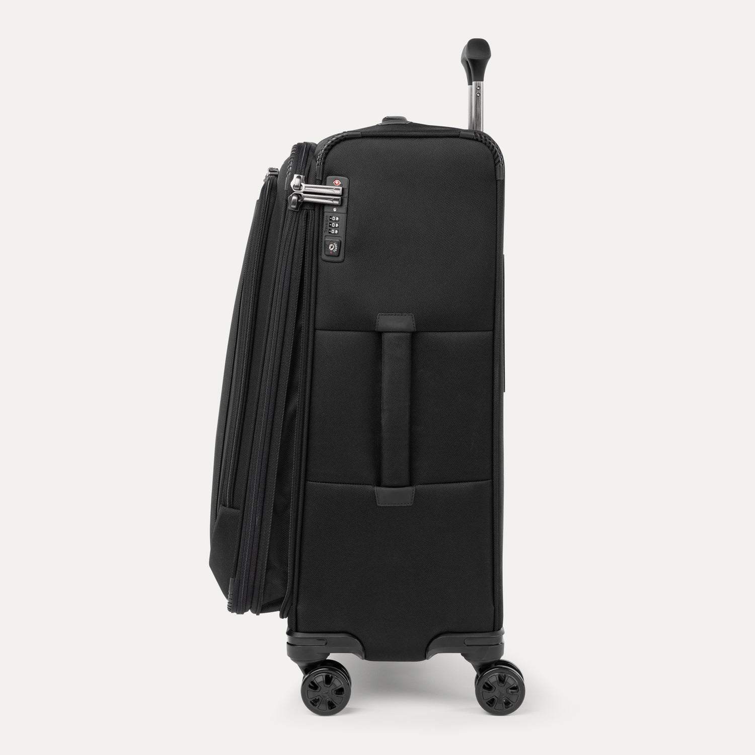 Side profile of black suitcase with a rolling wheels and TSA lock  on a white background