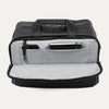 Black tote bag with interior compartments showing a phone and notepad on a white background