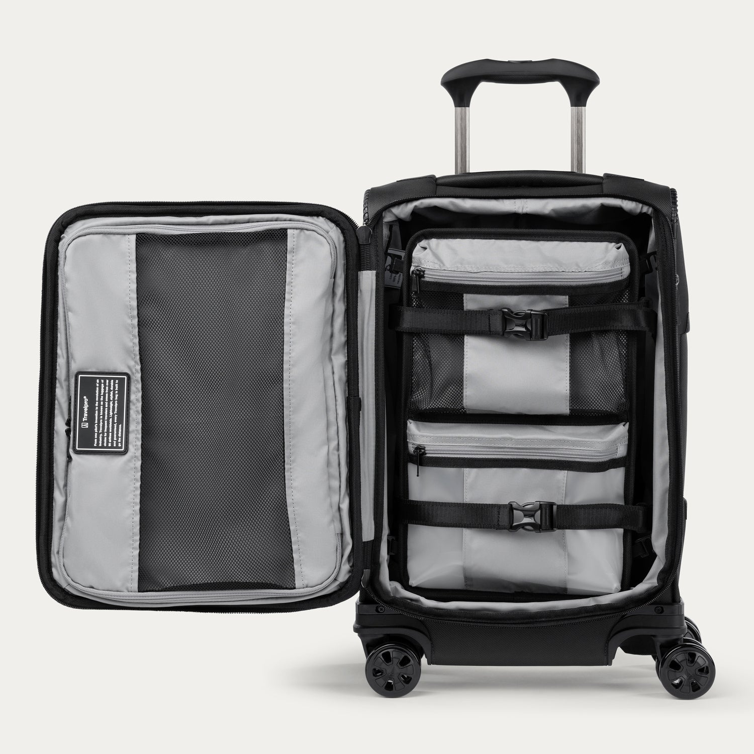 Open suitcase with interior organization panels on a white background