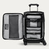Open suitcase with interior organization panels on a white background