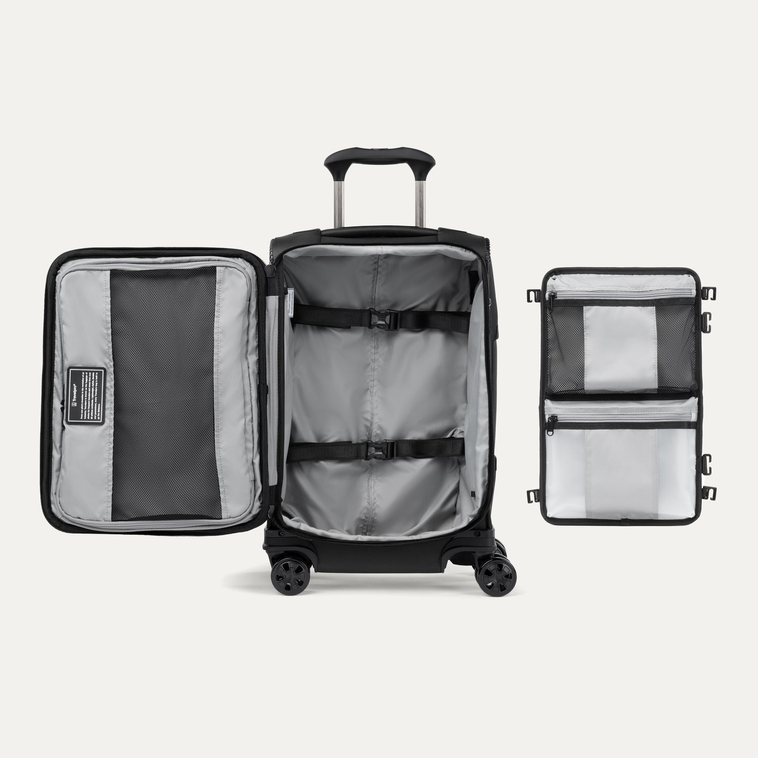 Open black suitcase featuring packing organizer on a white background
