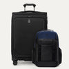 A set of two pieces of luggage, a large black spinner suitcase and a aviator navy backpack, both with the Travelpross brand logo.