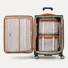 Open suitcase in olive green  showing the interior compartments on a white background