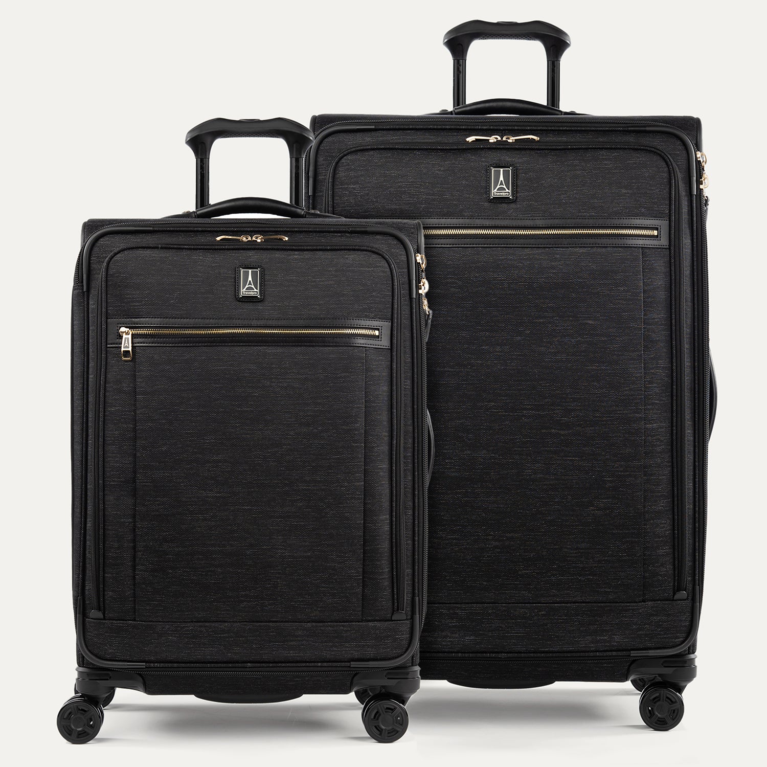 A set of two black suitcases with a spinner design, featuring the Travelpross logo on a white background