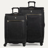A set of two black suitcases with a spinner design, featuring the Travelpross logo on a white background