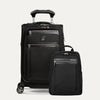 A set of black travel luggage, featuring a carry-on spinner suitcase and a slim backpack, both with the Travelpross brand logo.