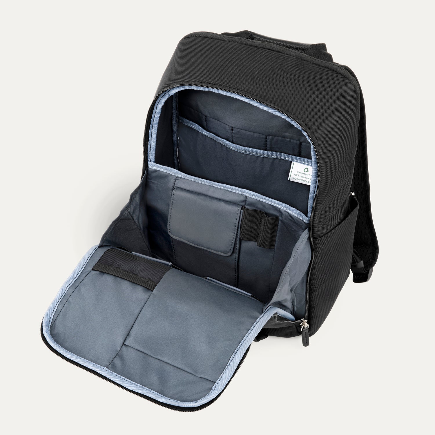 Open black backpack on a white background 