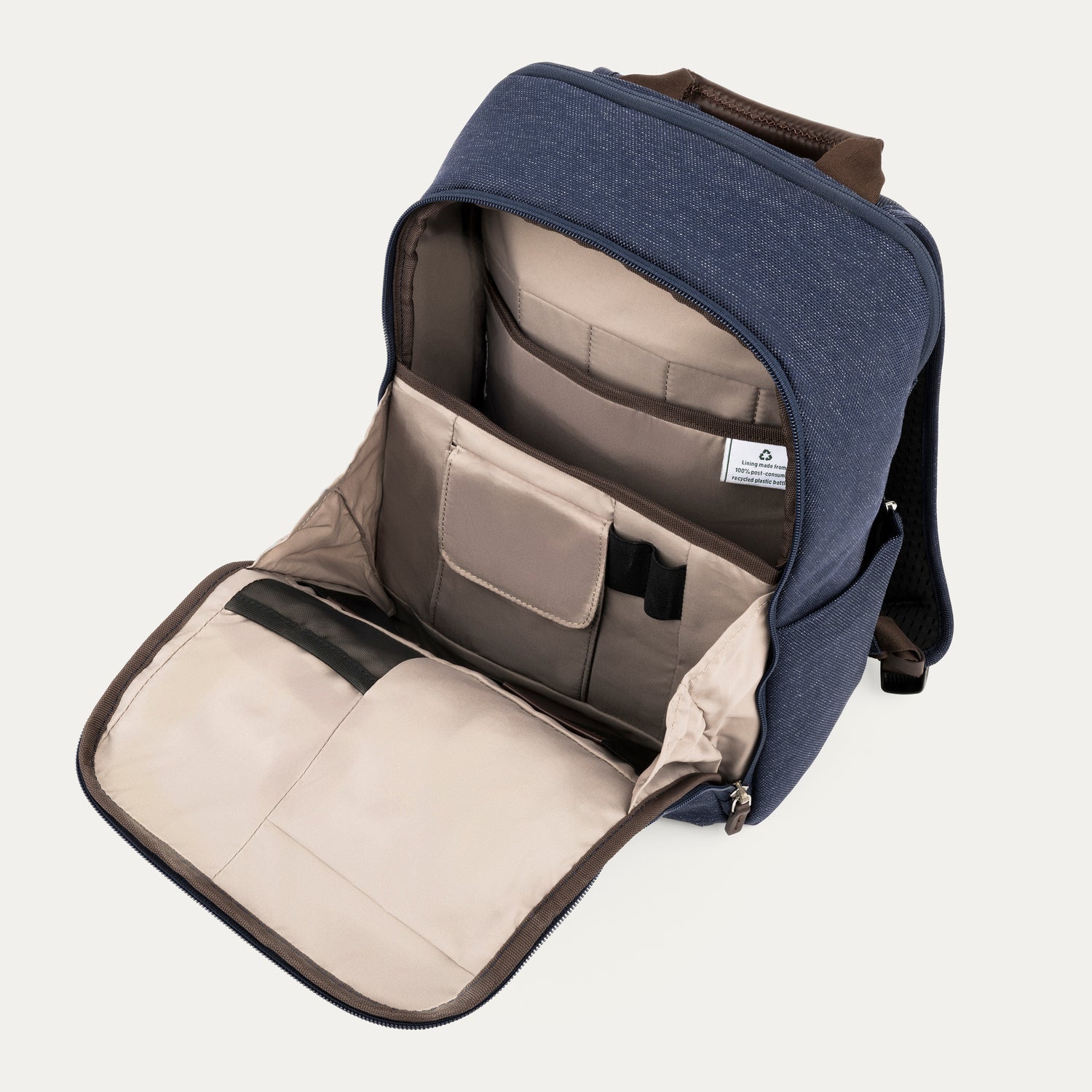 Open true navy backpack on a white background 