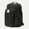 Black backpack with a pocket holding a phone on a white background