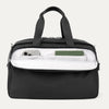pocket details of a black carry on tote bag
