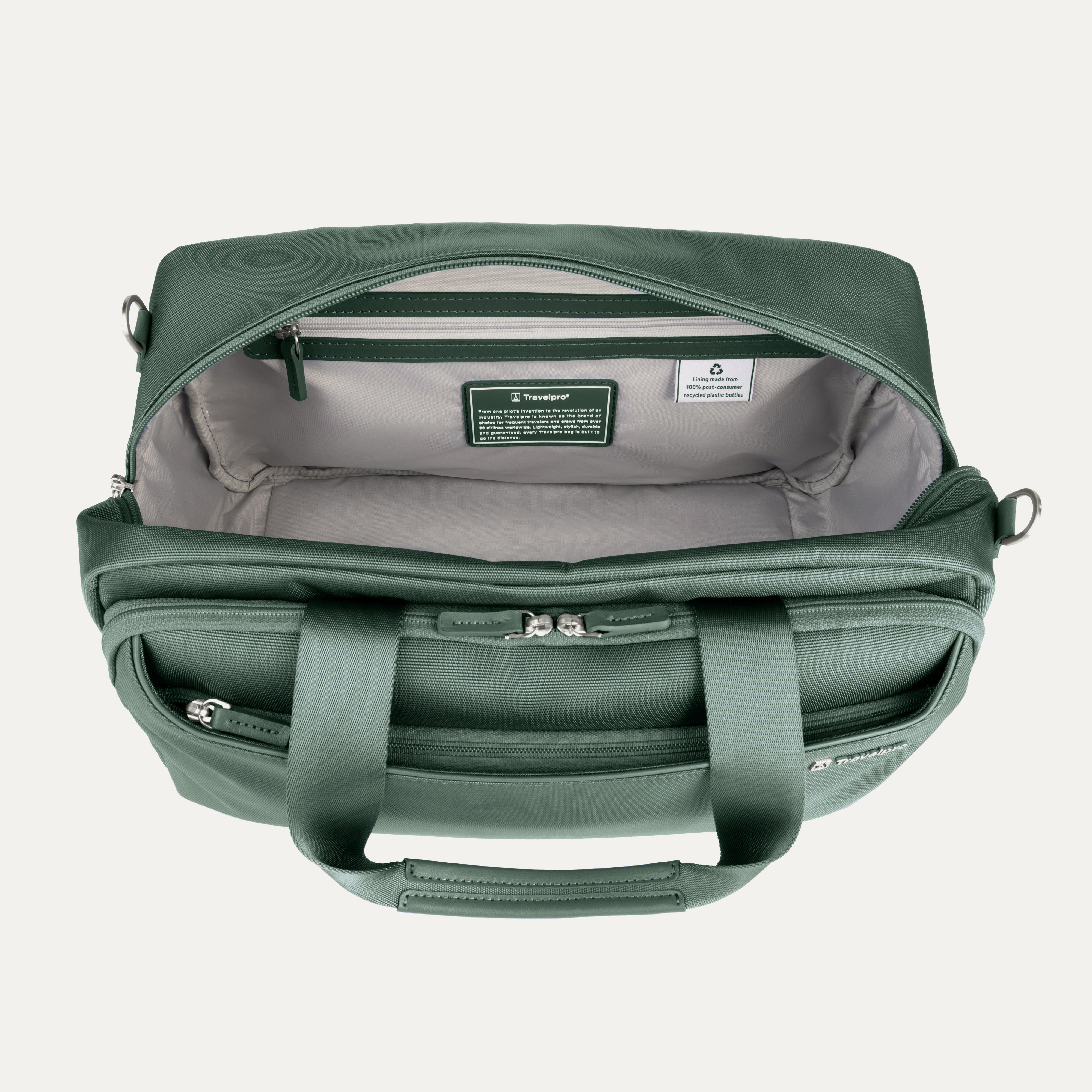 Green tote with interior details on a white background