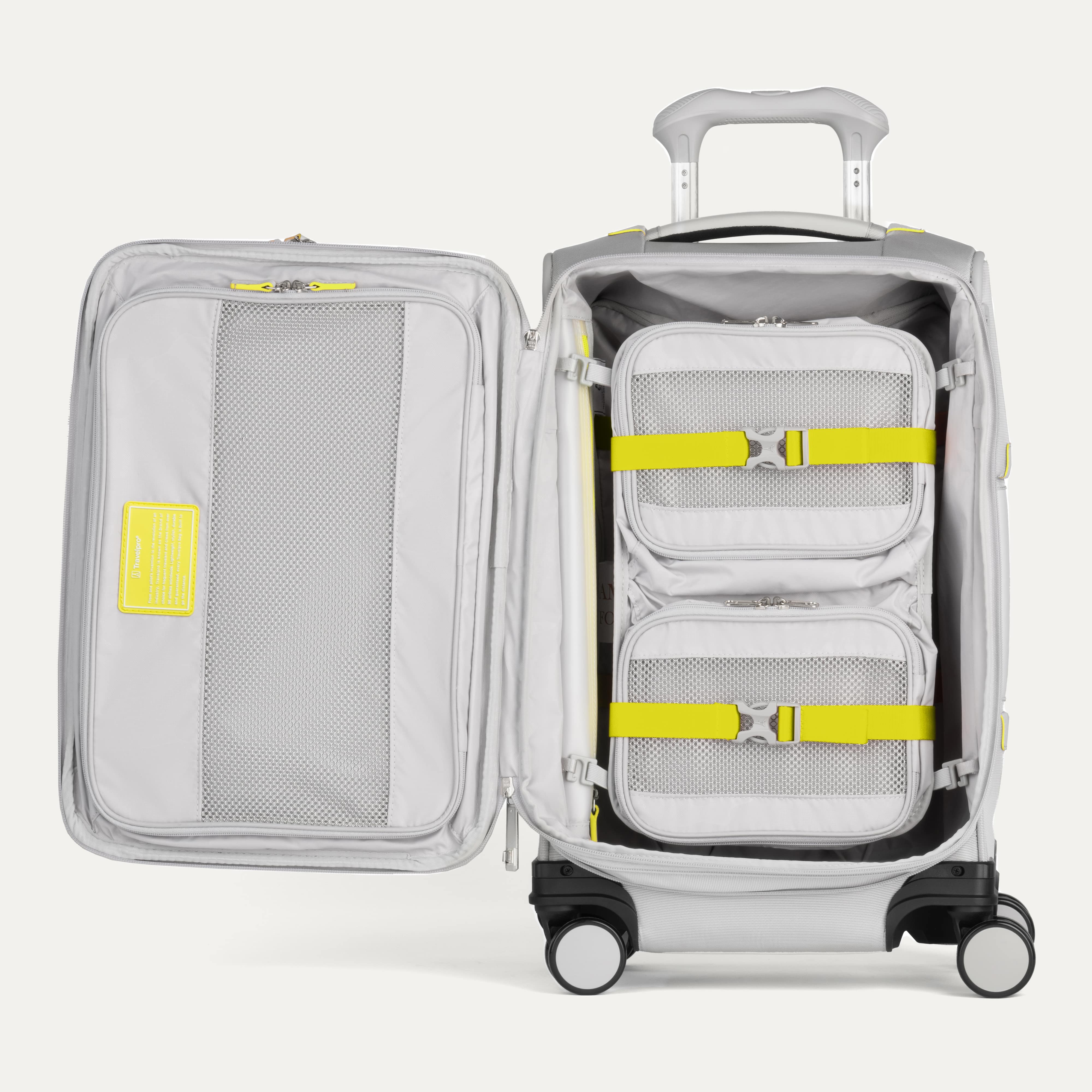 interior of grey suitcase with organizational pockets