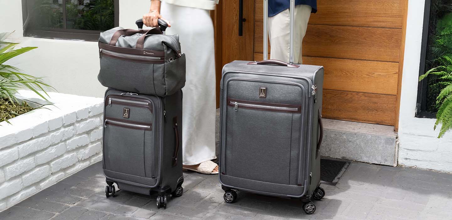 Person with two gray suitcases outside a building